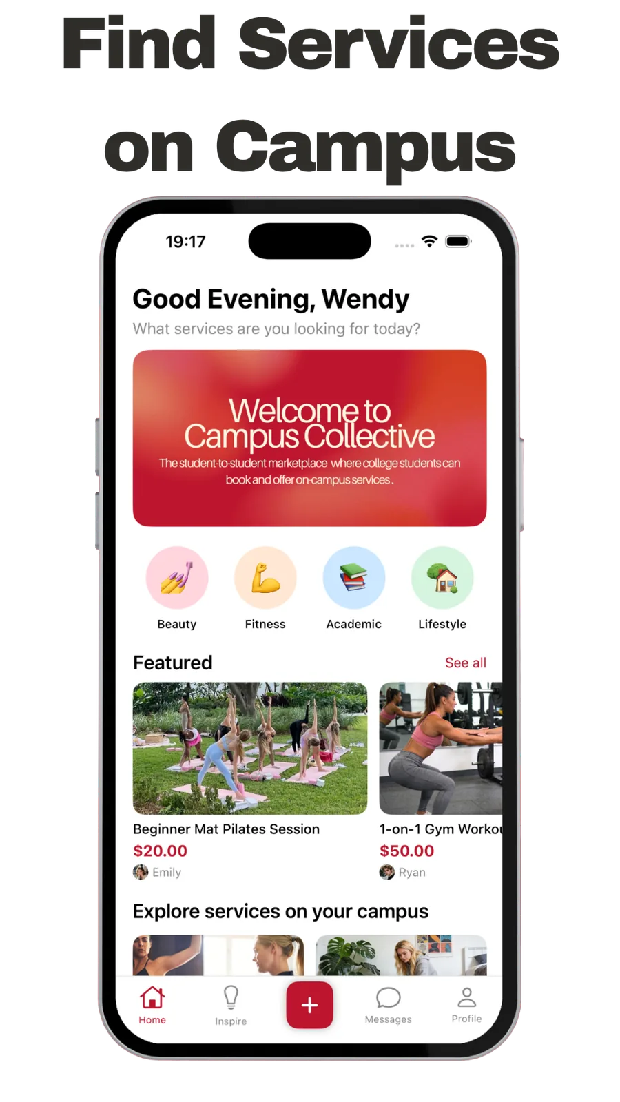 Campus Collective app home — student services on campus